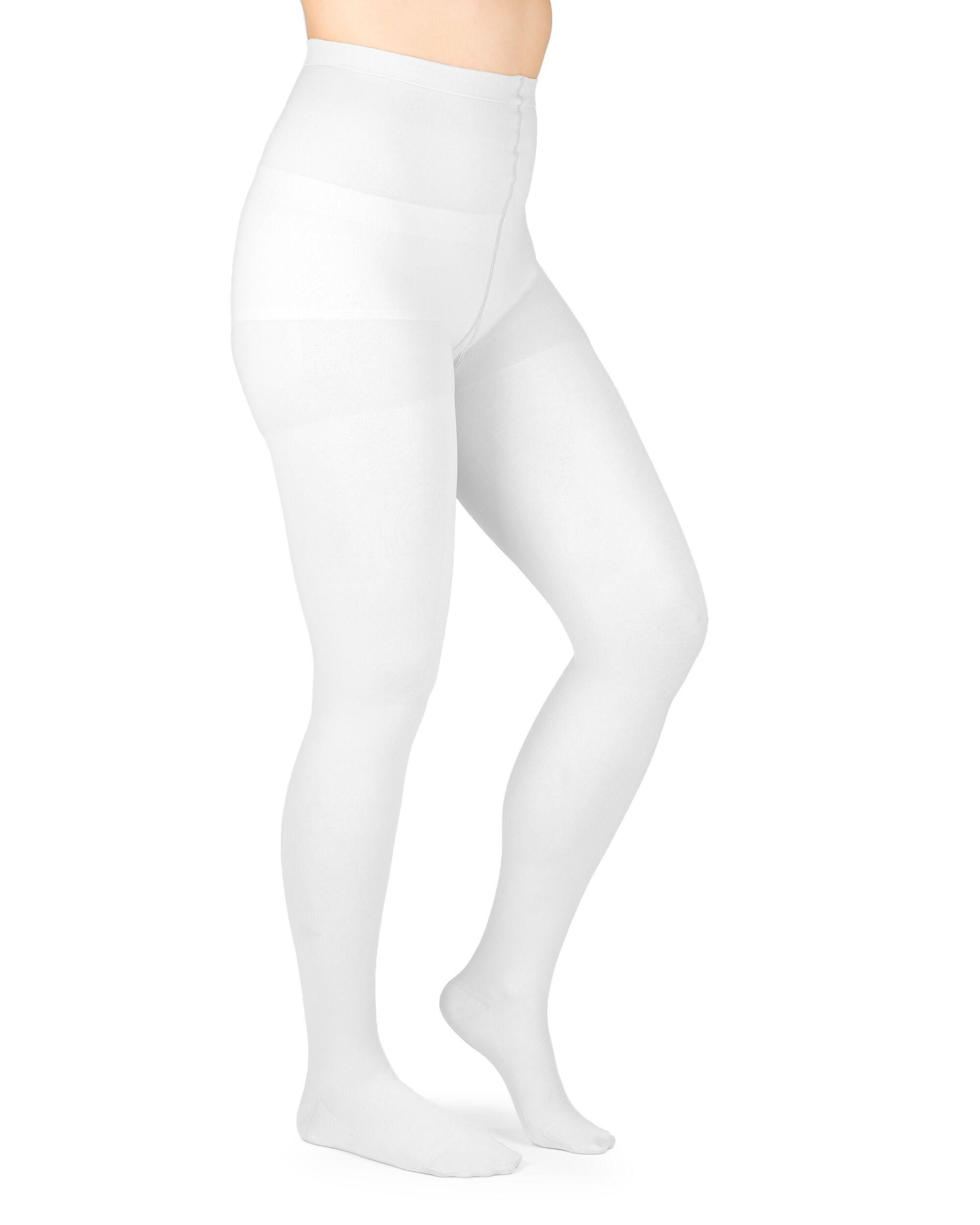 Weiße Kompressionsstrumpfhose, seitliche Ansicht. Zeigt die Strumpfhose am Körper, mit geschlossenem Fußteil und hohem Bund.