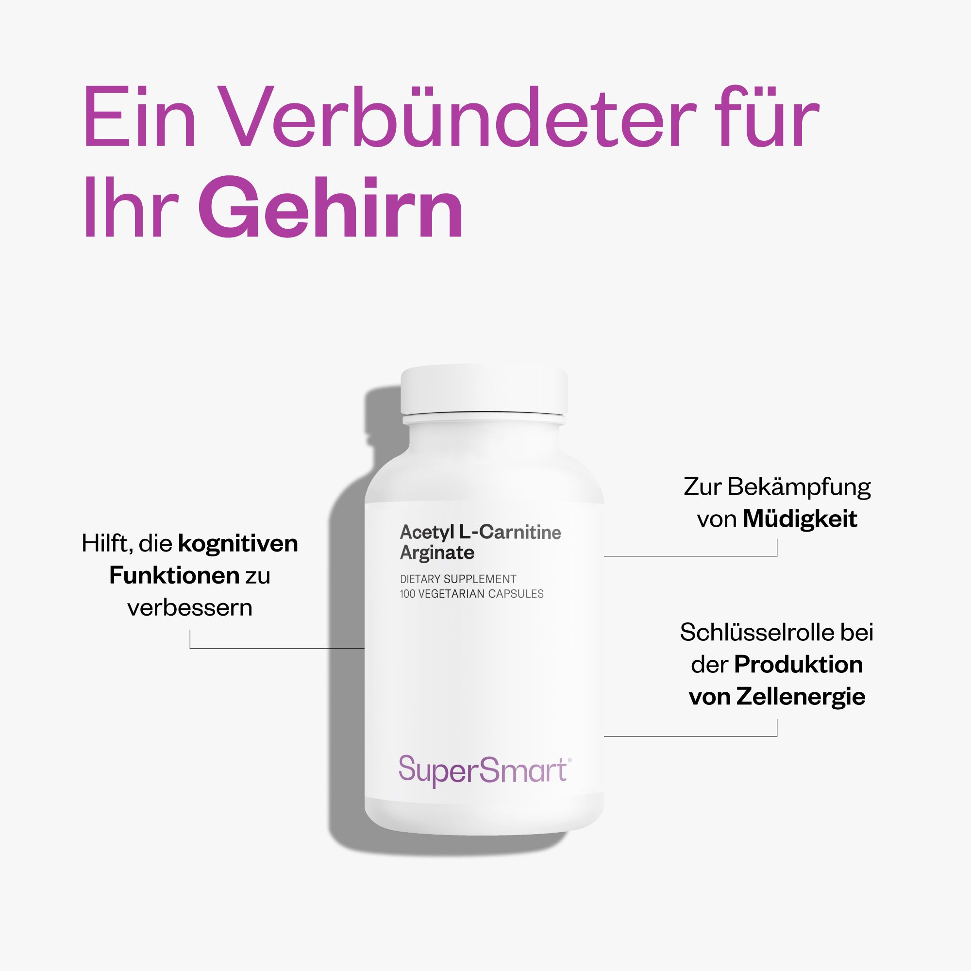 Weiße Flasche mit Acetyl-L-Carnitin-Arginat-Kapseln. Text: „Acetyl L-Carnitine Arginate“, „100 VEGETARIAN CAPSULES“ und „SuperSmart“. Zusätzliche Textfelder.