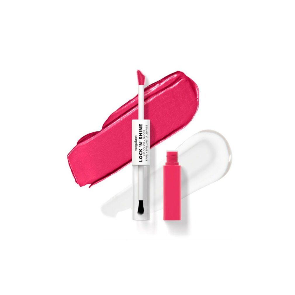 Lippenprodukt mit pinkfarbener Farbe und Applikator. Daneben ein Farbfleck und ein Behälter. Text: Lock 'N Shine.