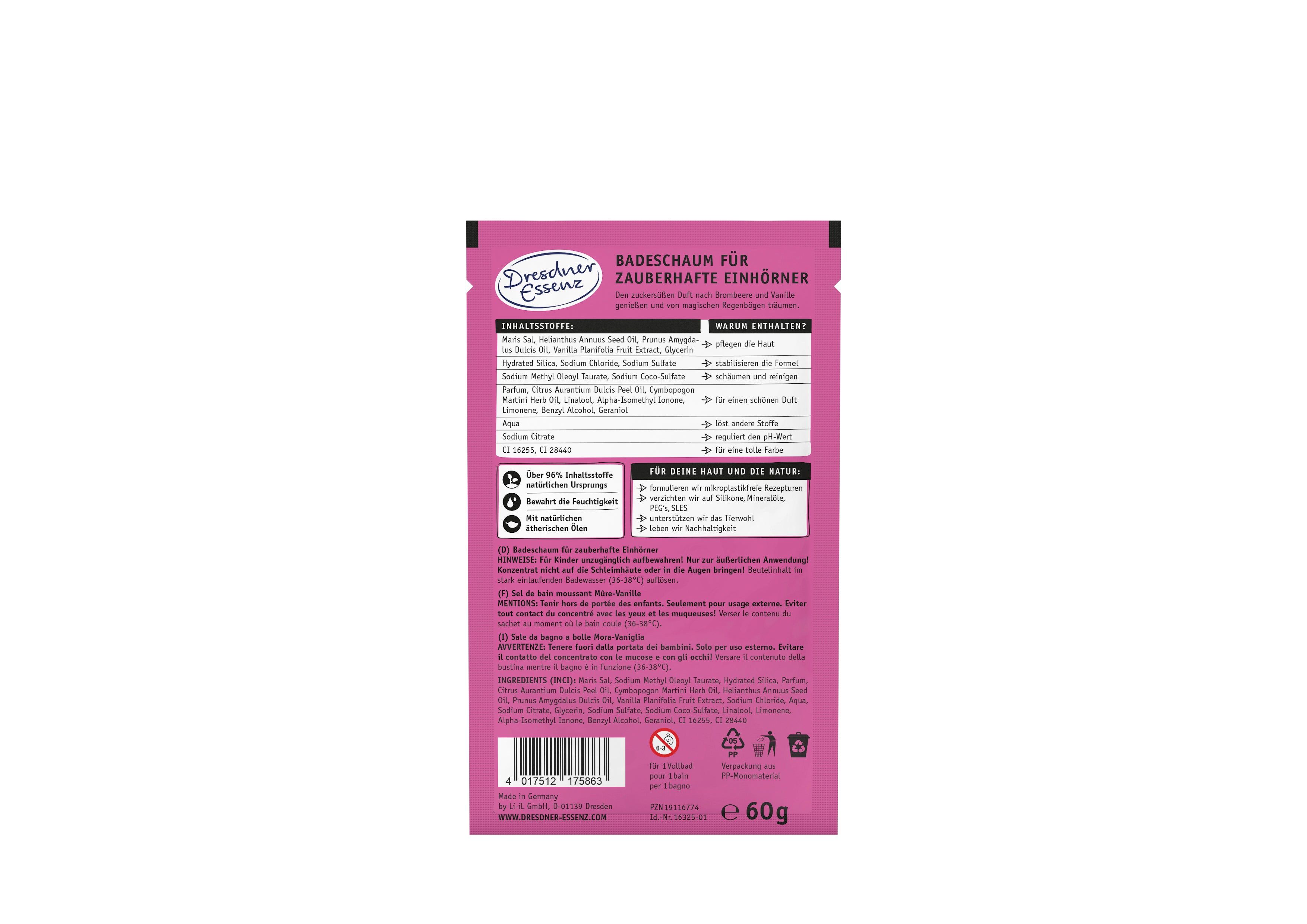 Dos de l'emballage rose pour bain moussant. Contient du texte avec ingrédients, instructions et informations sur le fabricant. Marque : Dresdner Essenz.