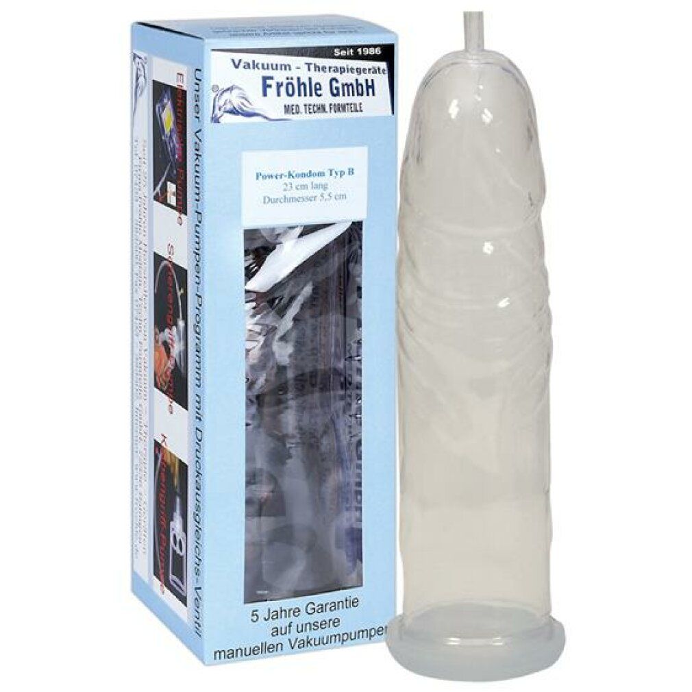 Produkt mit Verpackung. Zylinder neben Box mit Text: Vakuum-Therapiegeräte, FRÖHLE GmbH, Power-Kondom Typ B, 23 cm lang.