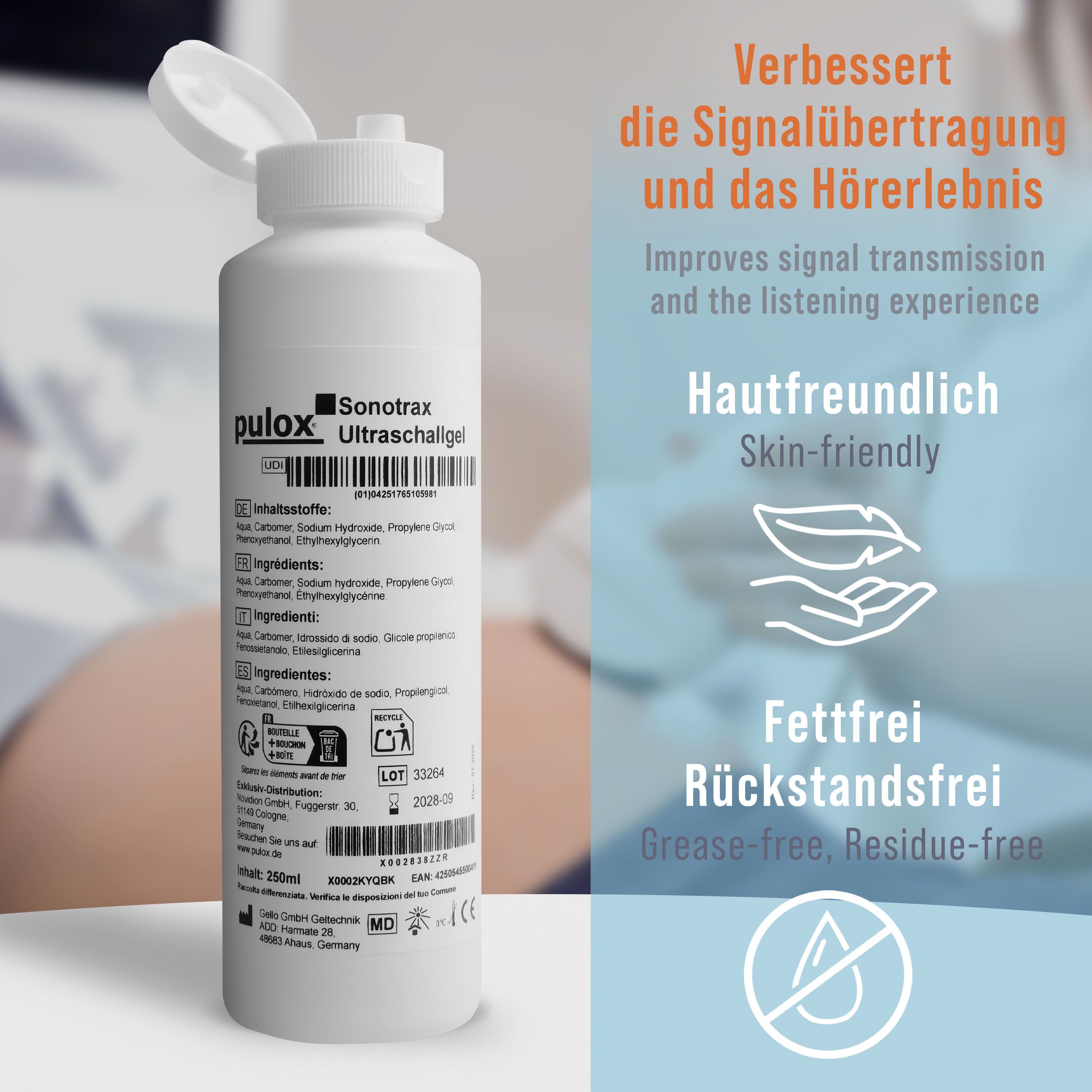 Weiße Flasche mit Aufschrift Pulox Sonotrax Ultraschallgel. Offener Deckel. Text: Hautfreundlich, fettfrei, rückstandsfrei.