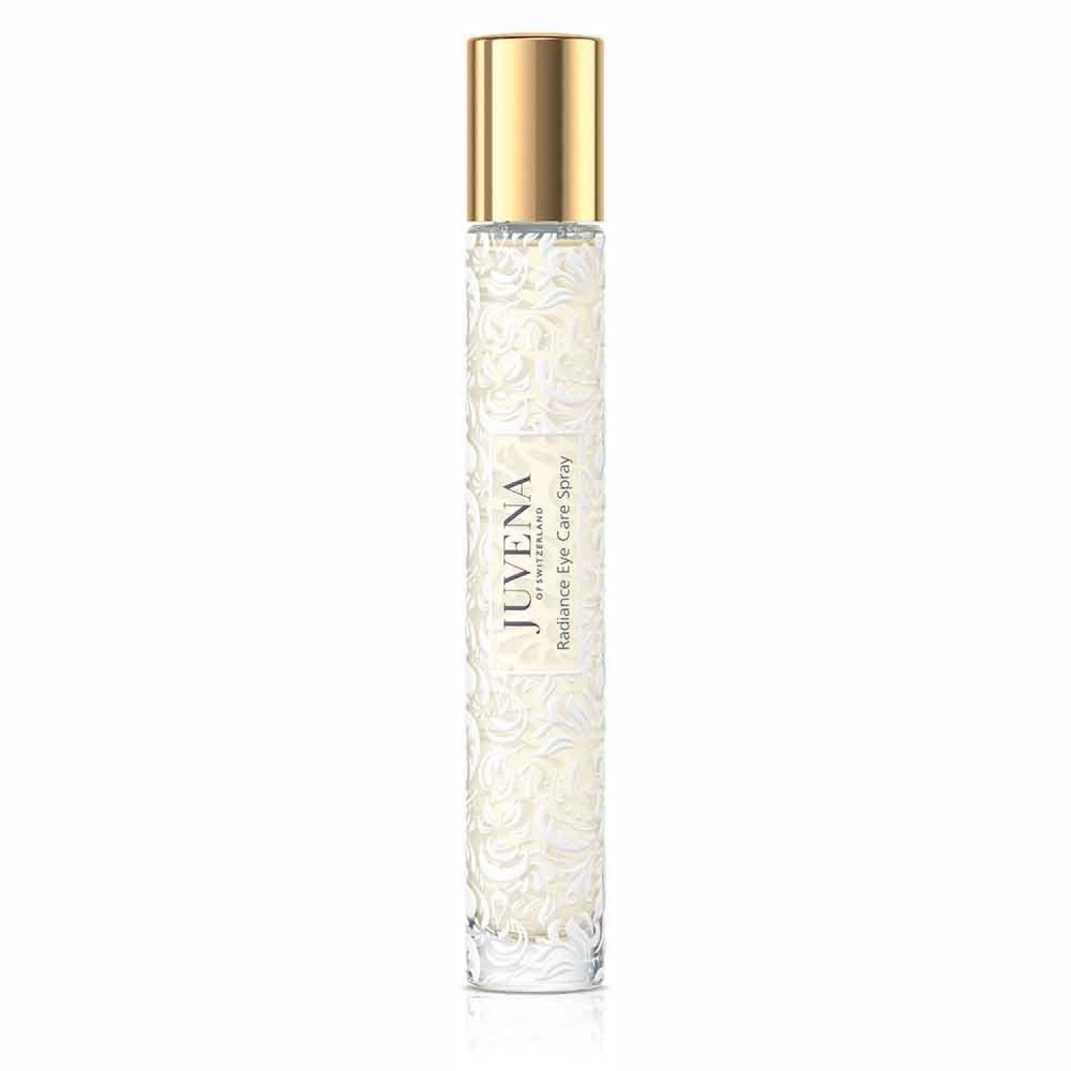 Zylindrische Flasche mit goldenem Deckel. Aufschrift: Juvena Radiance Eye Care Spray. Weißes, floral gemustertes Glas.