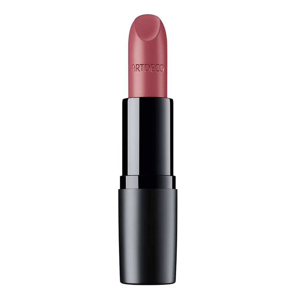 Rosafarbener Lippenstift mit ARTDECO-Schriftzug. Schwarzes Gehäuse. Auf weißem Hintergrund.