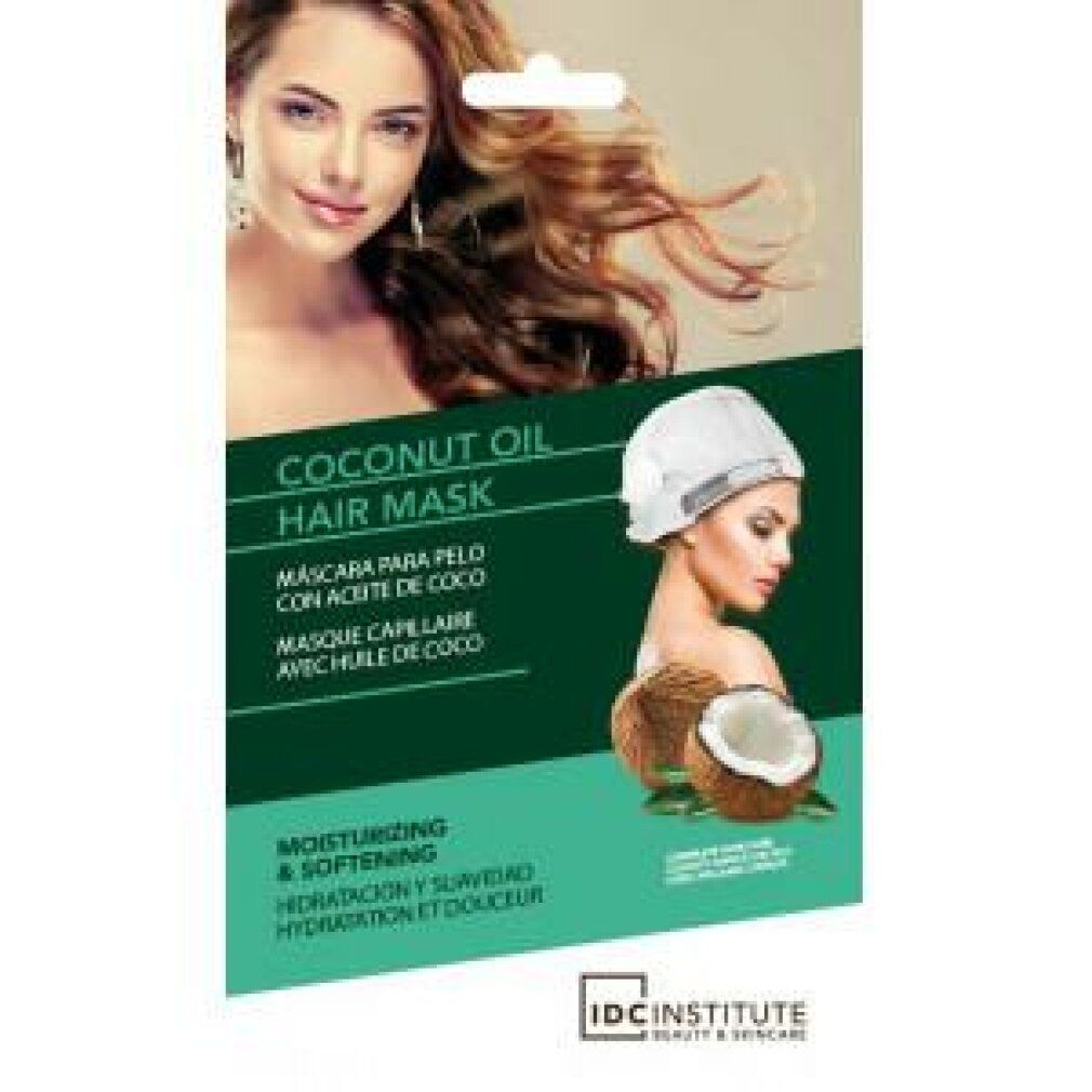 Verpackung mit Kokosöl-Haarmaske. Abgebildet sind eine Frau mit langen Haaren und eine Frau mit Haube und Kokosnuss.