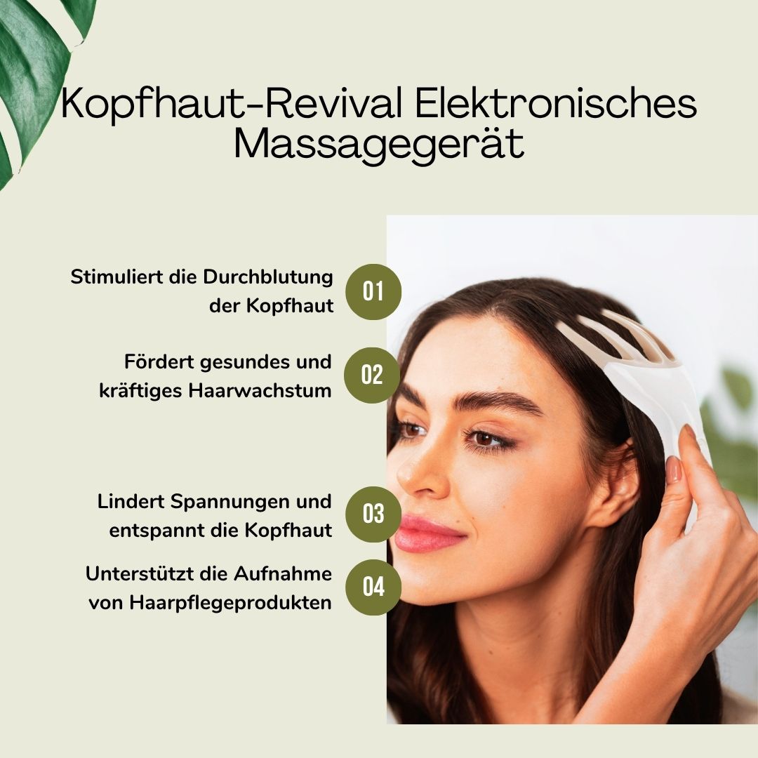 Kopfhaut-Massagegerät. Frau hält Gerät an Kopf. Text: Vorteile, wie Durchblutung, Haarwachstum, Entspannung.