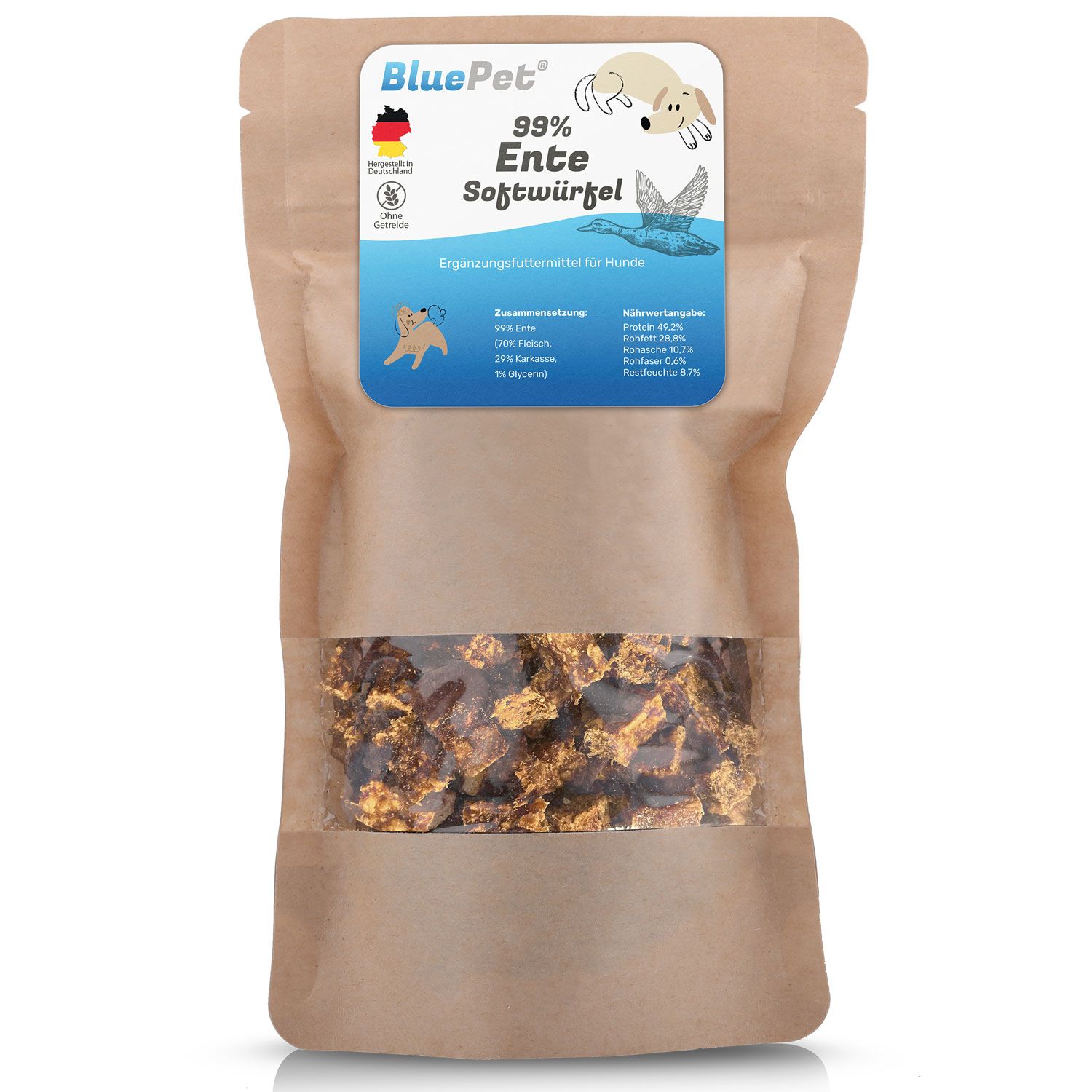 Verpackung mit Hundesnacks in Würfelform. Sichtfenster. Aufdruck: BluePet, 99% Ente, glutenfrei. Abbildung eines Hundes.