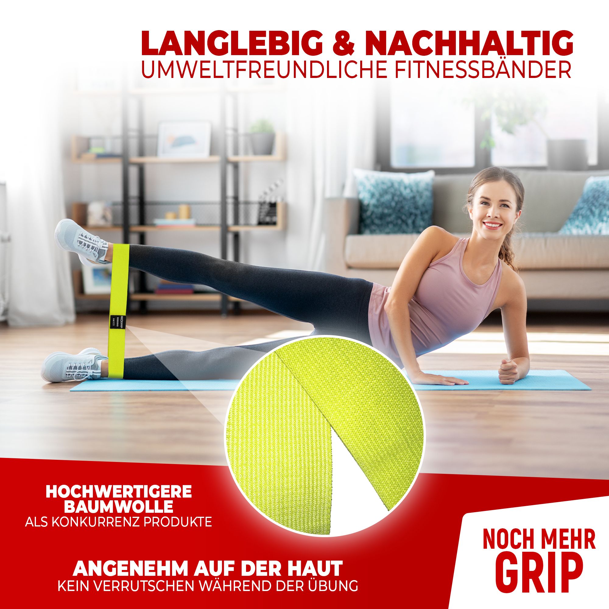 Eine Frau trainiert mit einem gelben Fitnessband. Nahaufnahme des Bandes. Text: NEOLYMP, LANGLEBIG & NACHHALTIG.