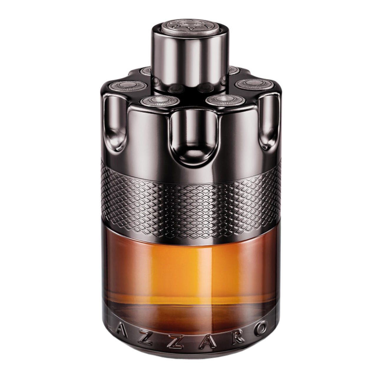 Azzaro Wanted by Night Eau de Parfum. Zylinderförmiger Flakon mit silbernem Verschluss und goldfarbener Flüssigkeit.