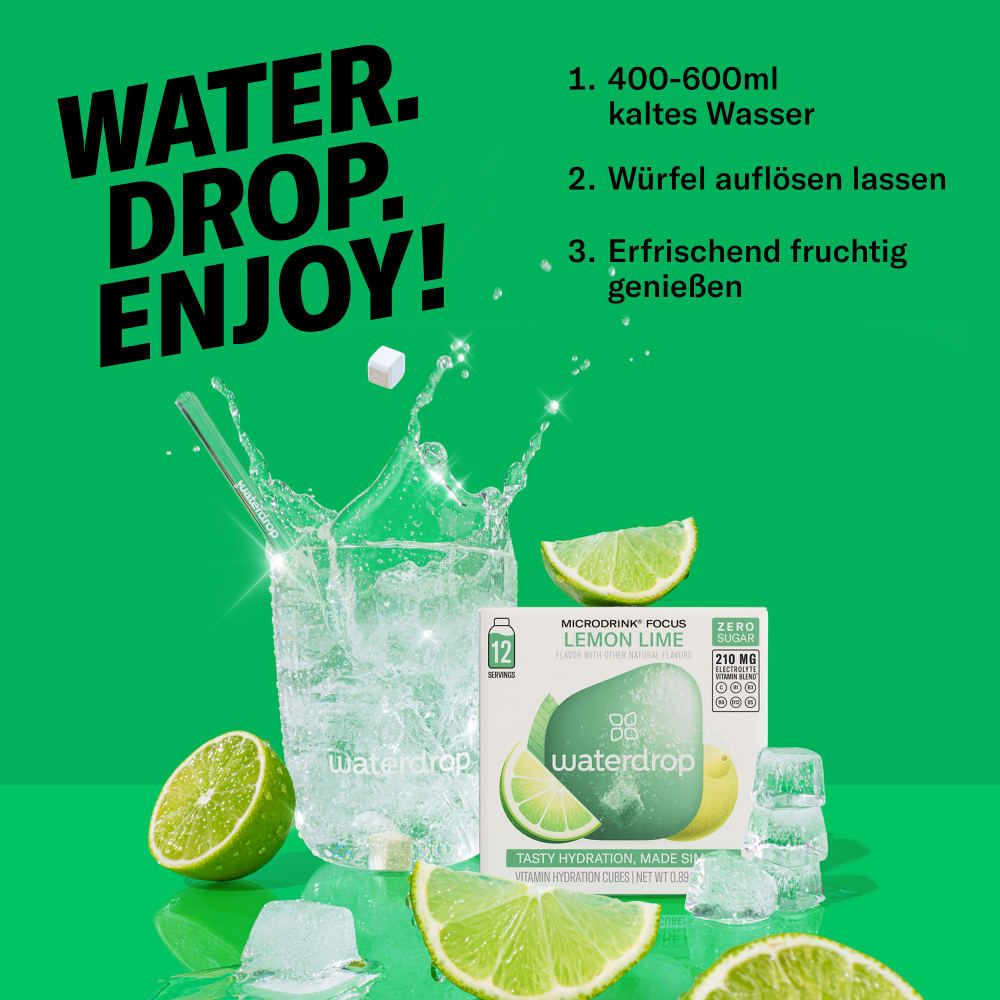 Glas mit Wasser, Eiswürfeln und Limettenscheiben. waterdrop®-Verpackung und Würfel. Text: Wasser, Würfel auflösen, genießen.