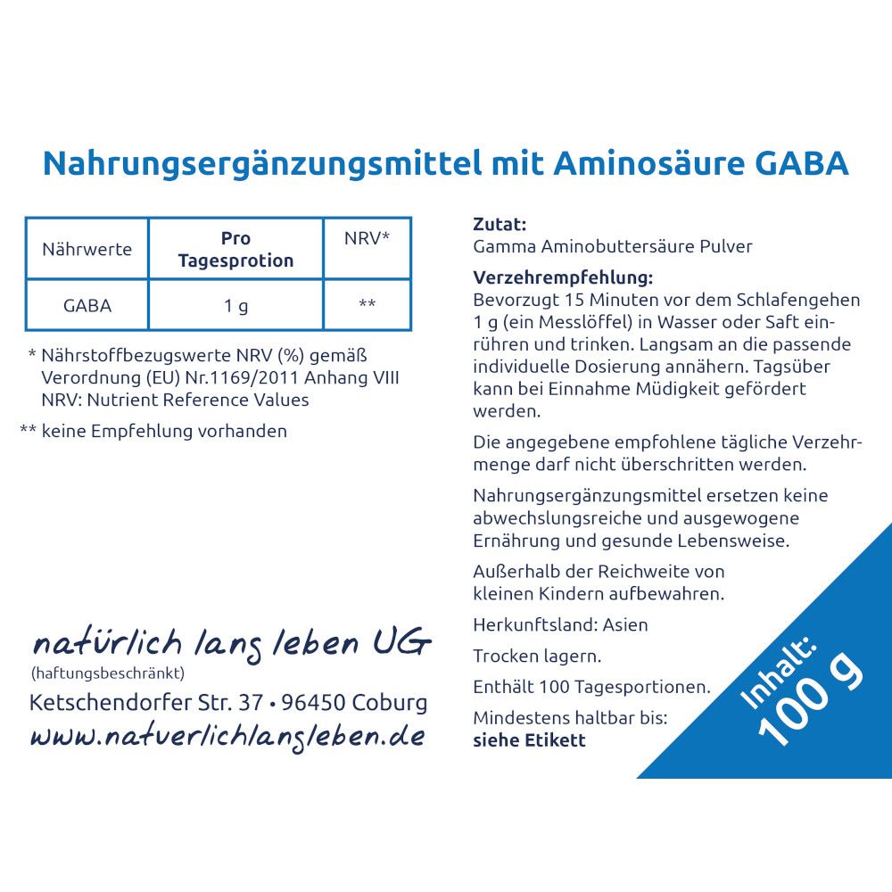 Rückseite der Verpackung mit Informationen zu GABA Pulver. Text in deutscher Sprache.