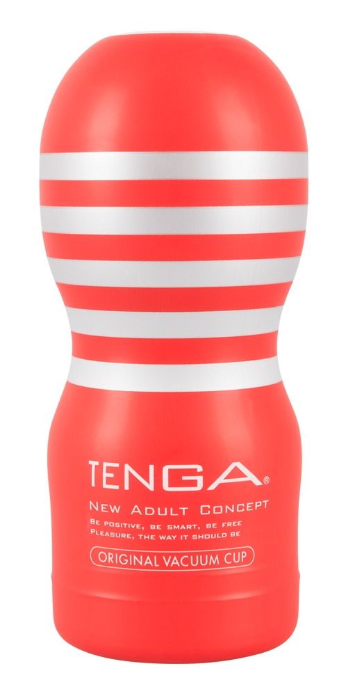 Roter Masturbator mit silbernen Streifen. Text: TENGA, Original Vacuum Cup.