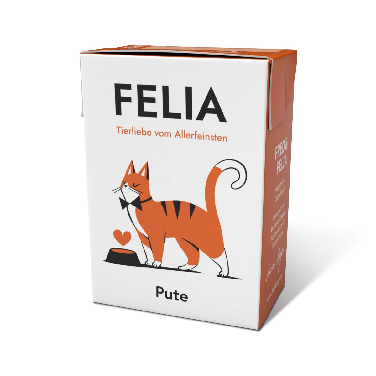 Karton mit Fred & Felia FELIA Pute. Logo mit Katze und Futternapf. Text: Tierliebe vom Allerfeinsten.