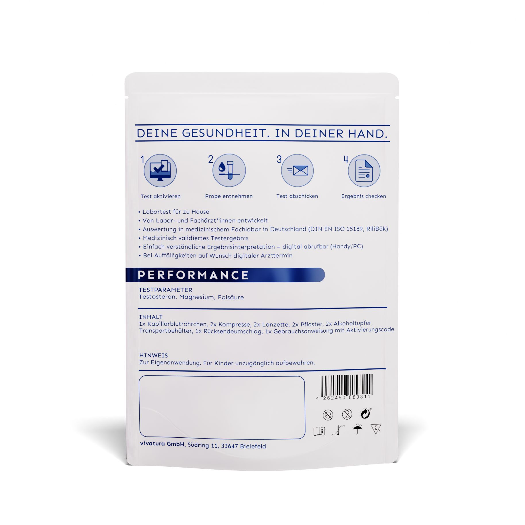 Rückseite des Testkits mit Text und Abbildungen. Enthält Informationen zur Anwendung und Inhaltsstoffe.