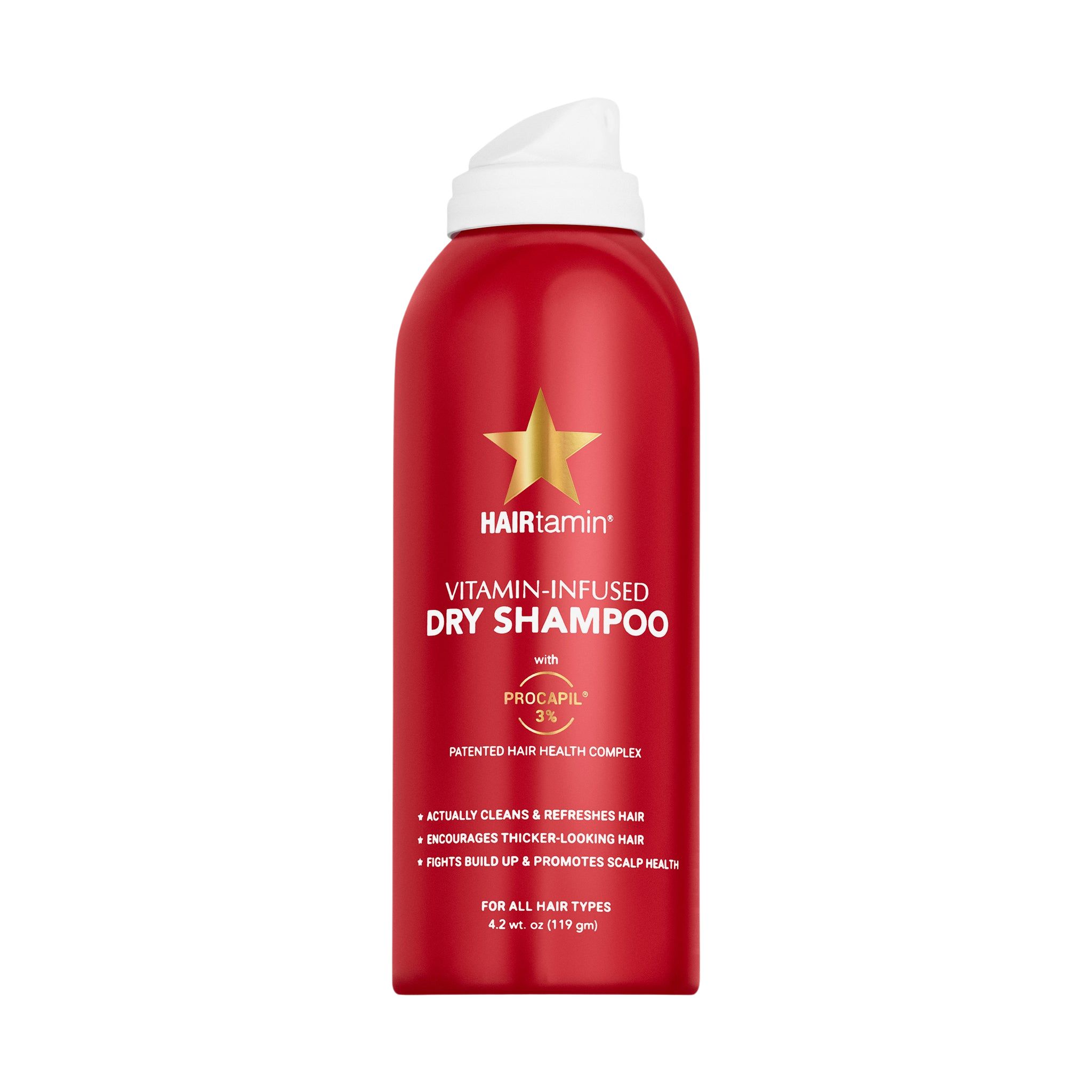 Rote Sprühflasche mit weißem Deckel. Enthält Vitamin-Infused Dry Shampoo. Mit goldfarbenem Stern und Schriftzug HAIRtamin.