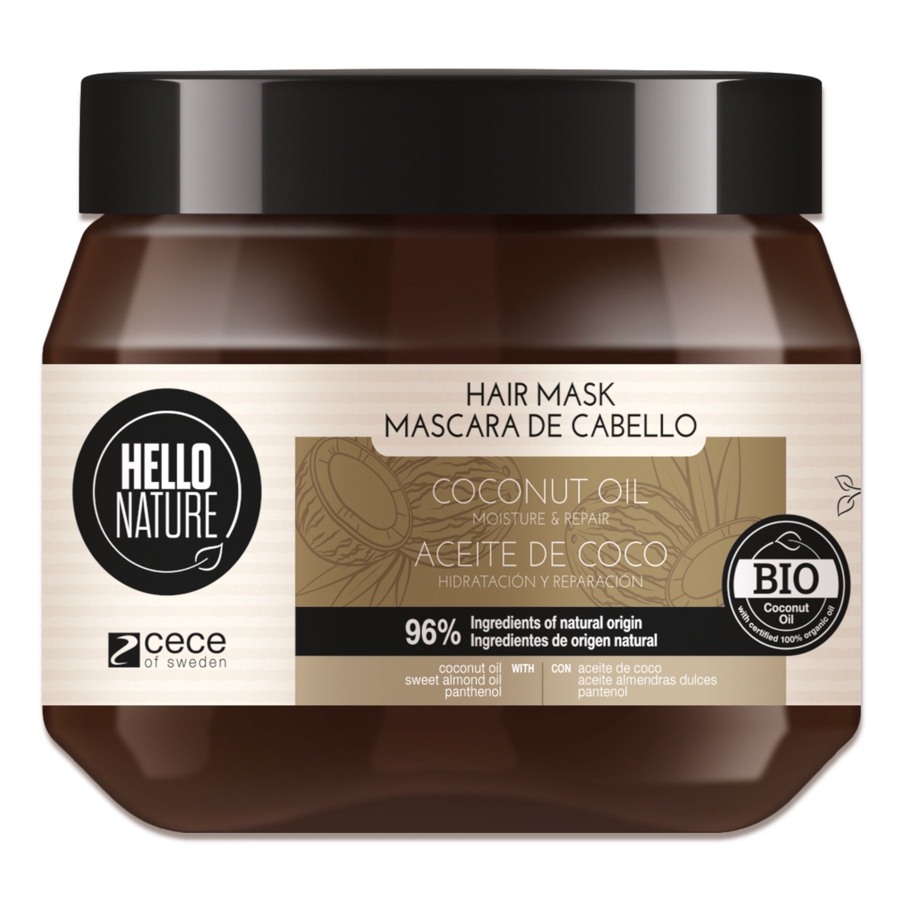 Brauner Tiegel mit schwarzem Deckel. Aufschrift: Hello Nature, Haarmaske. Kokosöl. Bio-Siegel. 96% Inhaltsstoffe natürlichen Ursprungs.