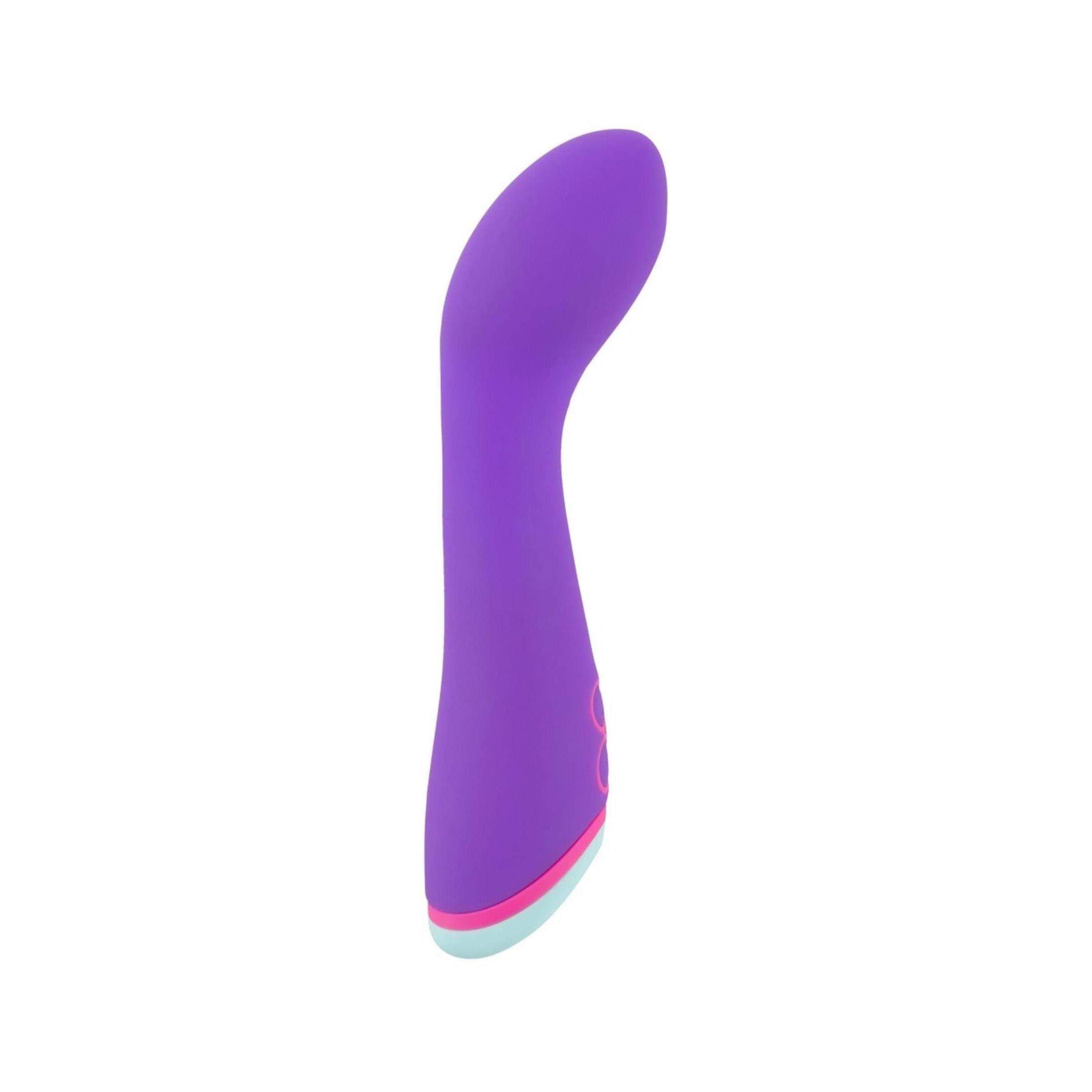 Lila Vibrator mit geschwungener Form. Zwei Knöpfe, rosa und hellblauer Akzent am Ende.