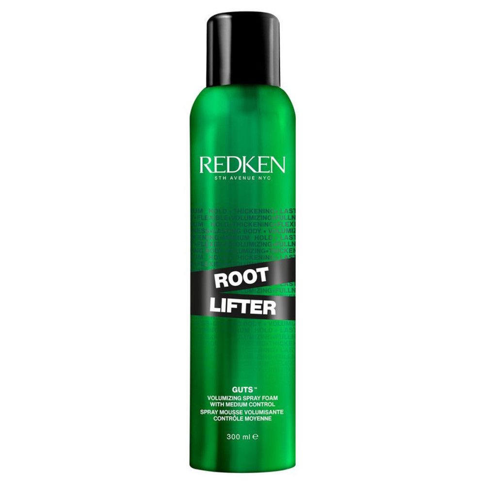 Grüne Sprühflasche mit schwarzem Deckel. Aufschrift: REDKEN, ROOT LIFTER. Text: Volumizing Spray Foam, 300 ml.