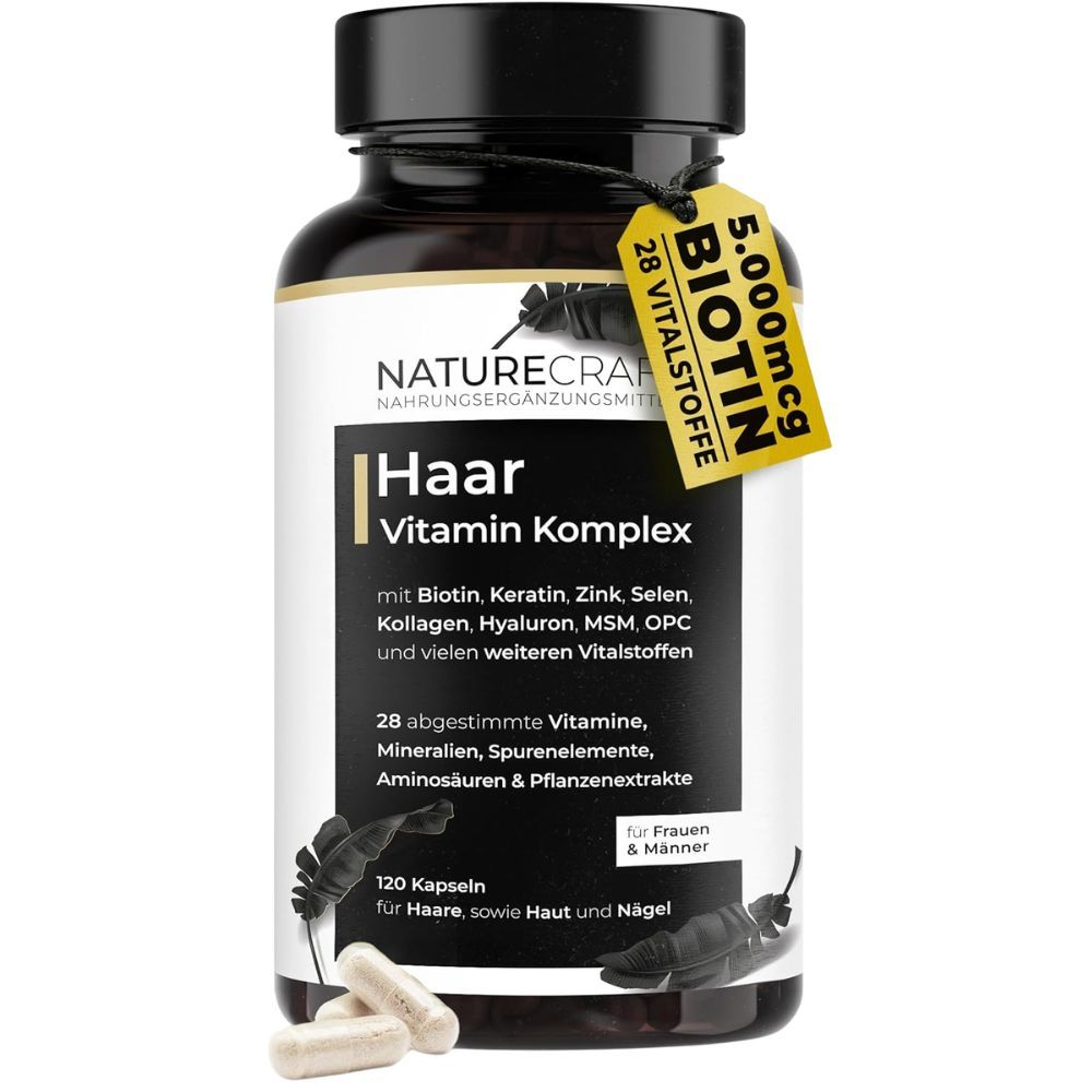Dunkle Flasche mit schwarzem Deckel, Etikett zeigt 'Haar Vitamin Komplex', 120 Kapseln.