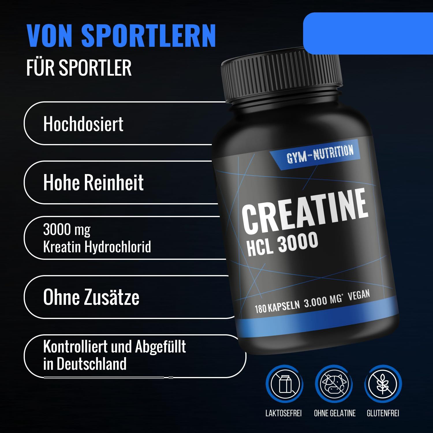 Kapsel-Dose mit blauem Etikett. Aufschrift: CREATINE HCL 3000, 180 Kapseln, vegan. Marke: GYM-NUTRITION. Text: Von Sportlern für Sportler.