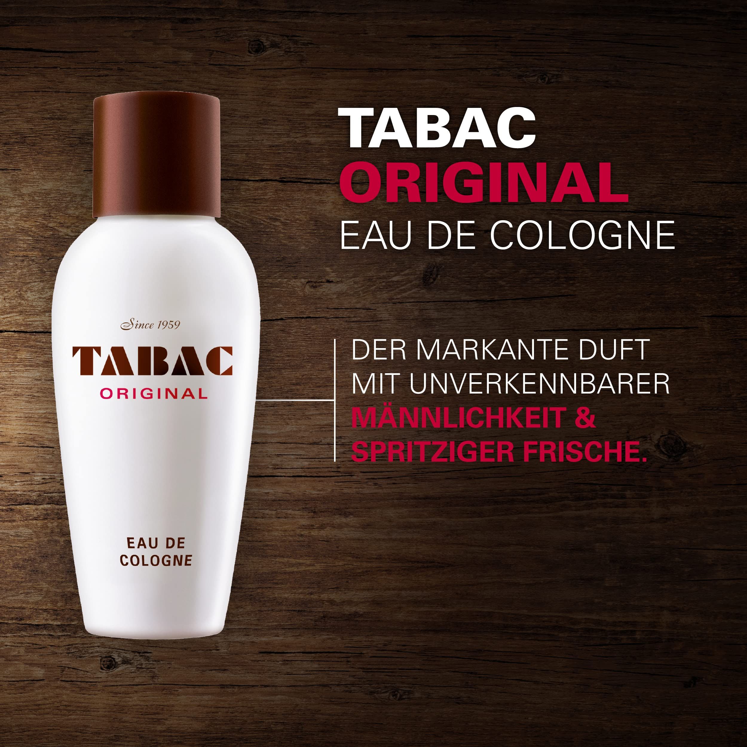 Weiße Flasche mit braunem Deckel. Tabac Original Eau de Cologne. Text: Der markante Duft mit unverkennbarer Männlichkeit & spritziger Frische.
