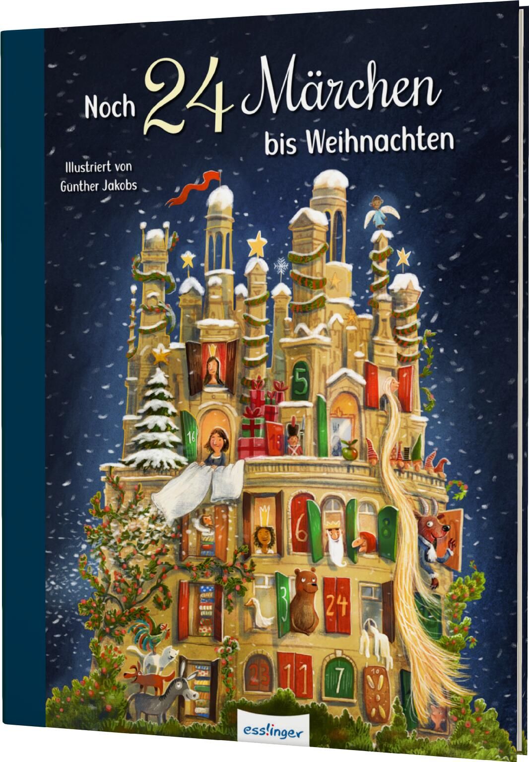 Buchcover: "Noch 24 Märchen bis Weihnachten". Illustration eines Adventskalenders in Hausform mit Fenstern und Figuren. Esslinger-Logo.