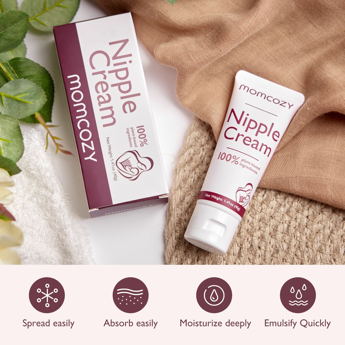 Momcozy Nipple Cream Tube und Schachtel. Text: Nipple Cream, 100% pflanzliche Inhaltsstoffe. Eigenschaften: leicht verteilbar, zieht leicht ein, spendet Feuchtigkeit.