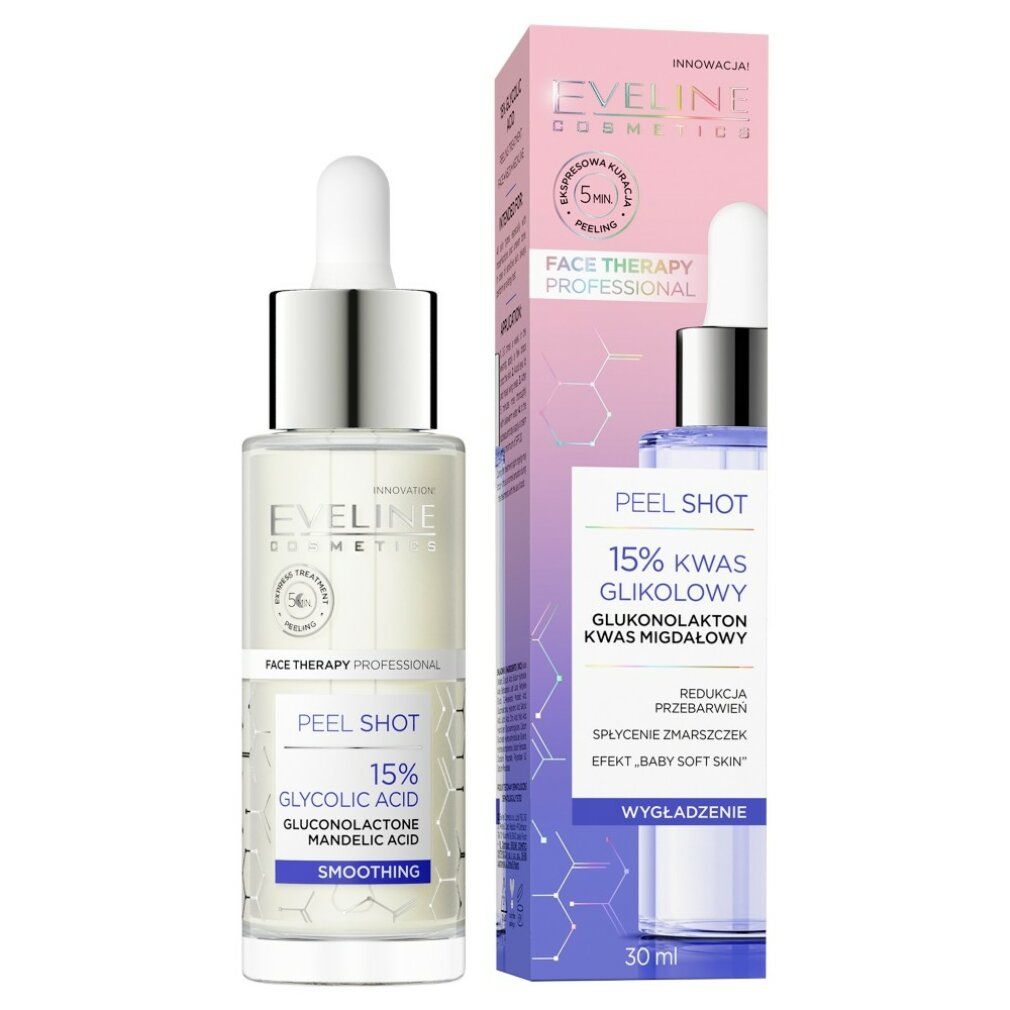 Gesichtsbehandlung mit Pipette und Verpackung. Aufschrift: Eveline Cosmetics, Peel Shot, 15% Glykolsäure.