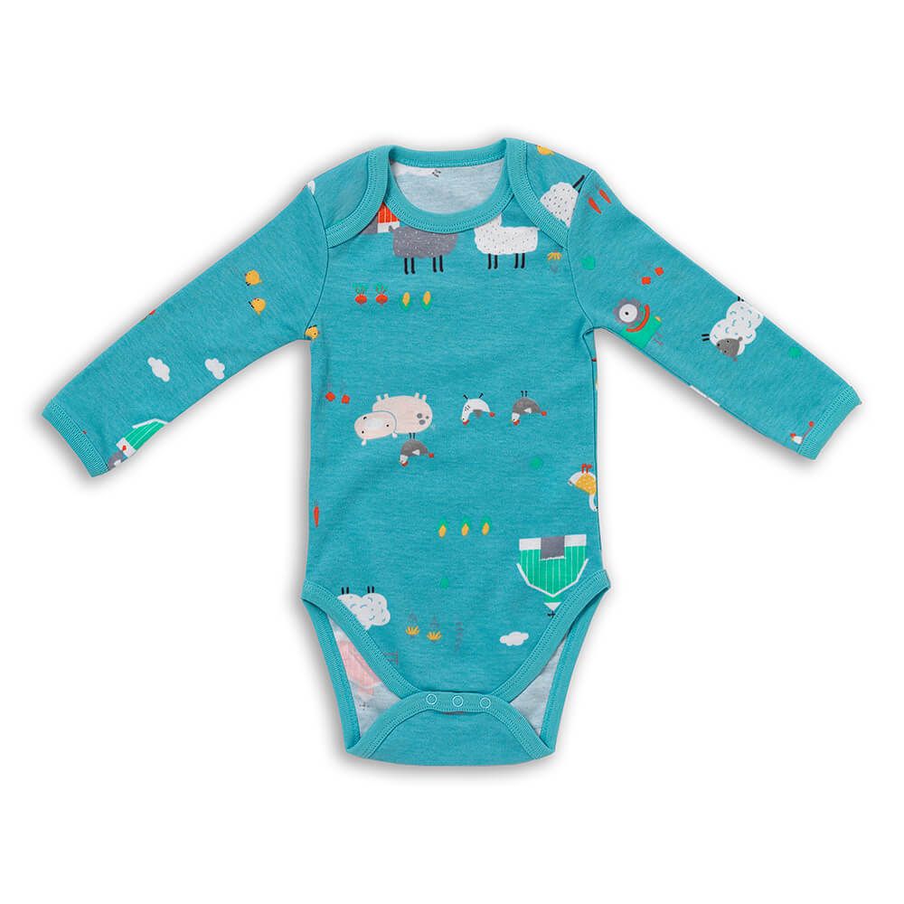 Türkisfarbener Baby-Body mit langen Ärmeln und Bauernhof-Motiv. Rundhalsausschnitt, Druckknöpfe im Schritt.