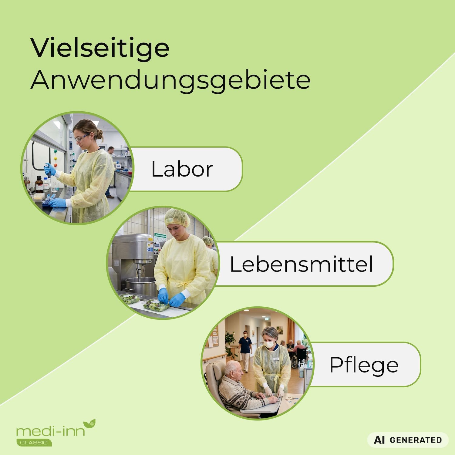 Anwendungsgebiete des Schutzkittels: Labor, Lebensmittel, Pflege.