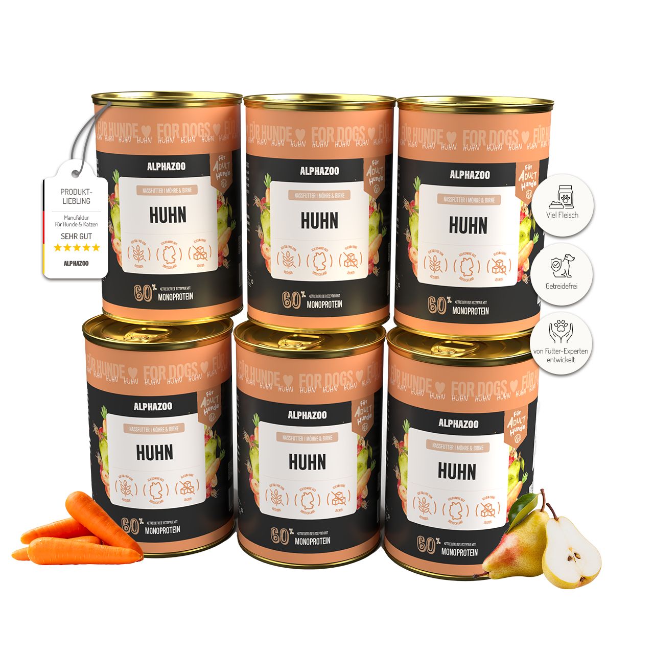 Sechs Dosen Nassfutter für Hunde, Huhn, gestapelt. Karotten und Birne liegen daneben. Produktetikett mit Bewertung.