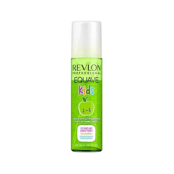Grüne Flasche mit weißem Deckel. Aufschrift: Revlon Equave Kids, Apfel-Duft, Detangling Conditioner.