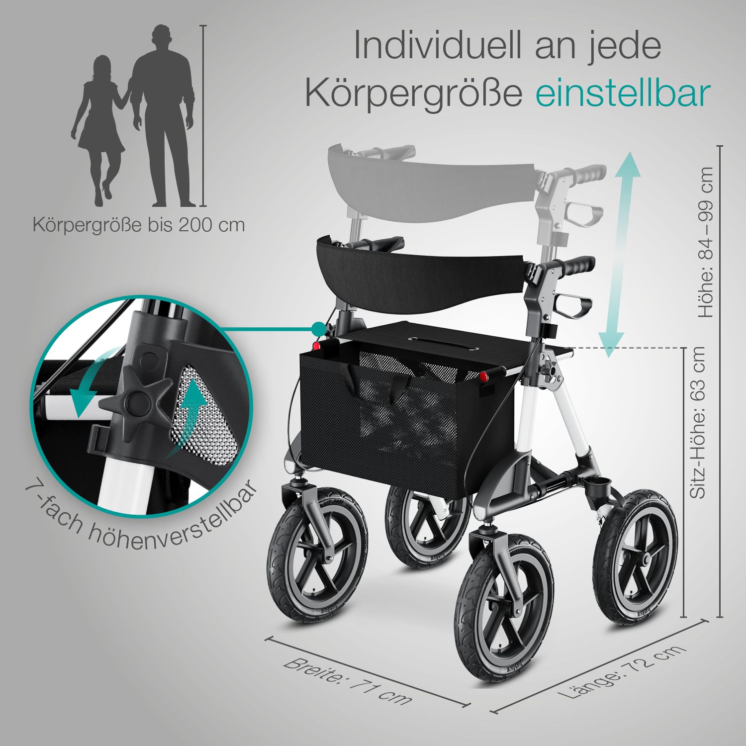 ELONEO Rollator mit Luftbereifung inkl. Sitzfläche, Rückengurt inkl. Tasche & Stockhalter