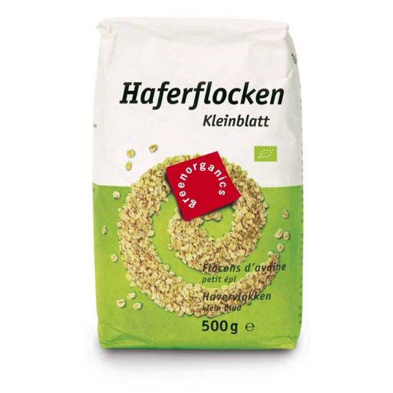 Verpackung mit Haferflocken. Aufschrift: Haferflocken, Kleinblatt, Flocons d'avoine, Havervlokken. Bio-Siegel. Gewicht: 500g.