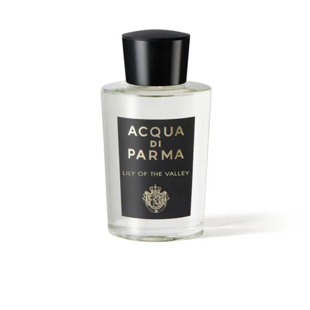 Parfümflakon mit schwarzem Deckel. Schwarzes Etikett mit goldener Schrift: Acqua di Parma, Lily of the Valley. Unterhalb Wappen.