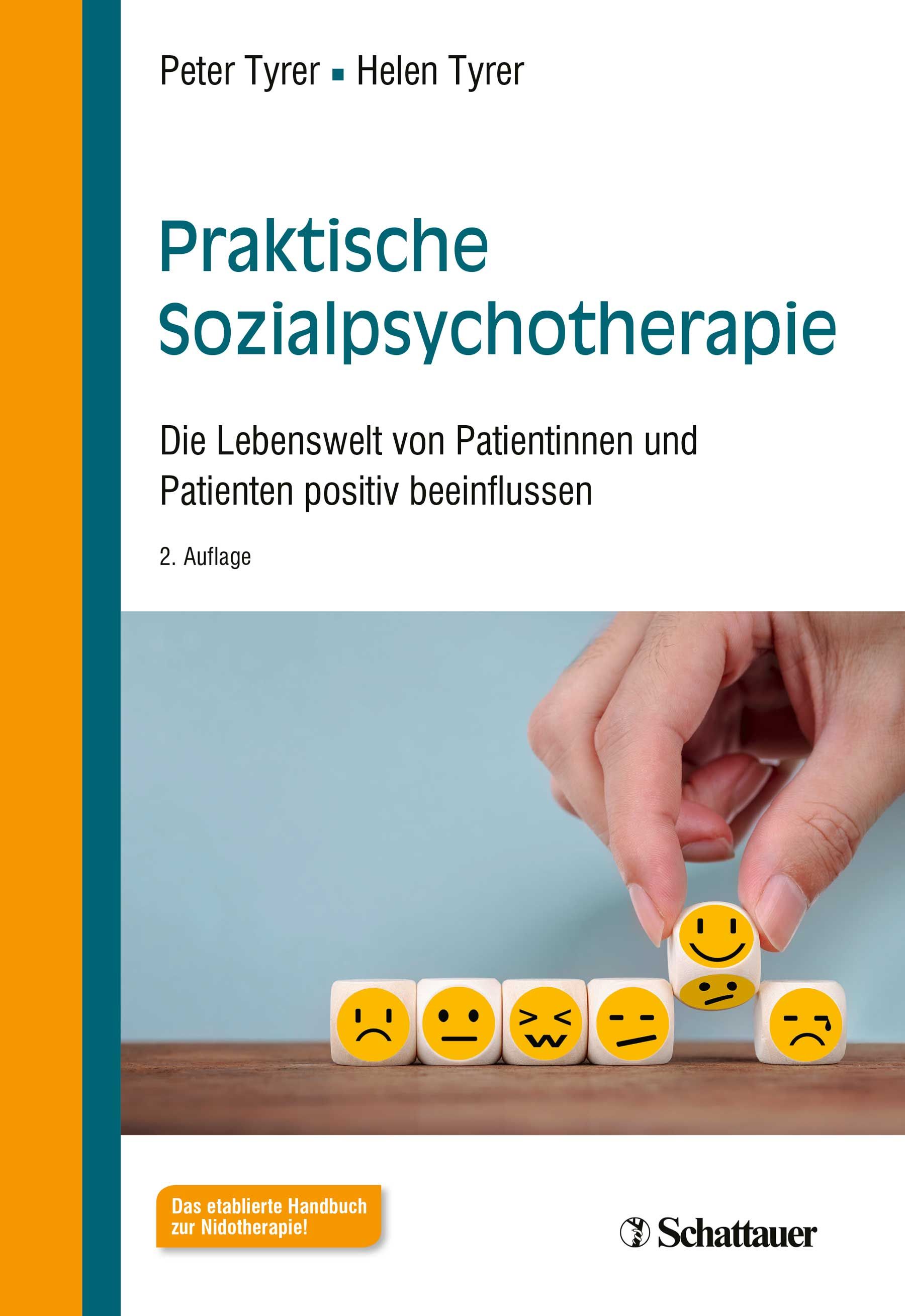 Buchcover: Praktische Sozialpsychotherapie. Titel, Autoren, Auflage. Hand hält Würfel mit Smiley-Gesichtern. Schattauer-Logo.