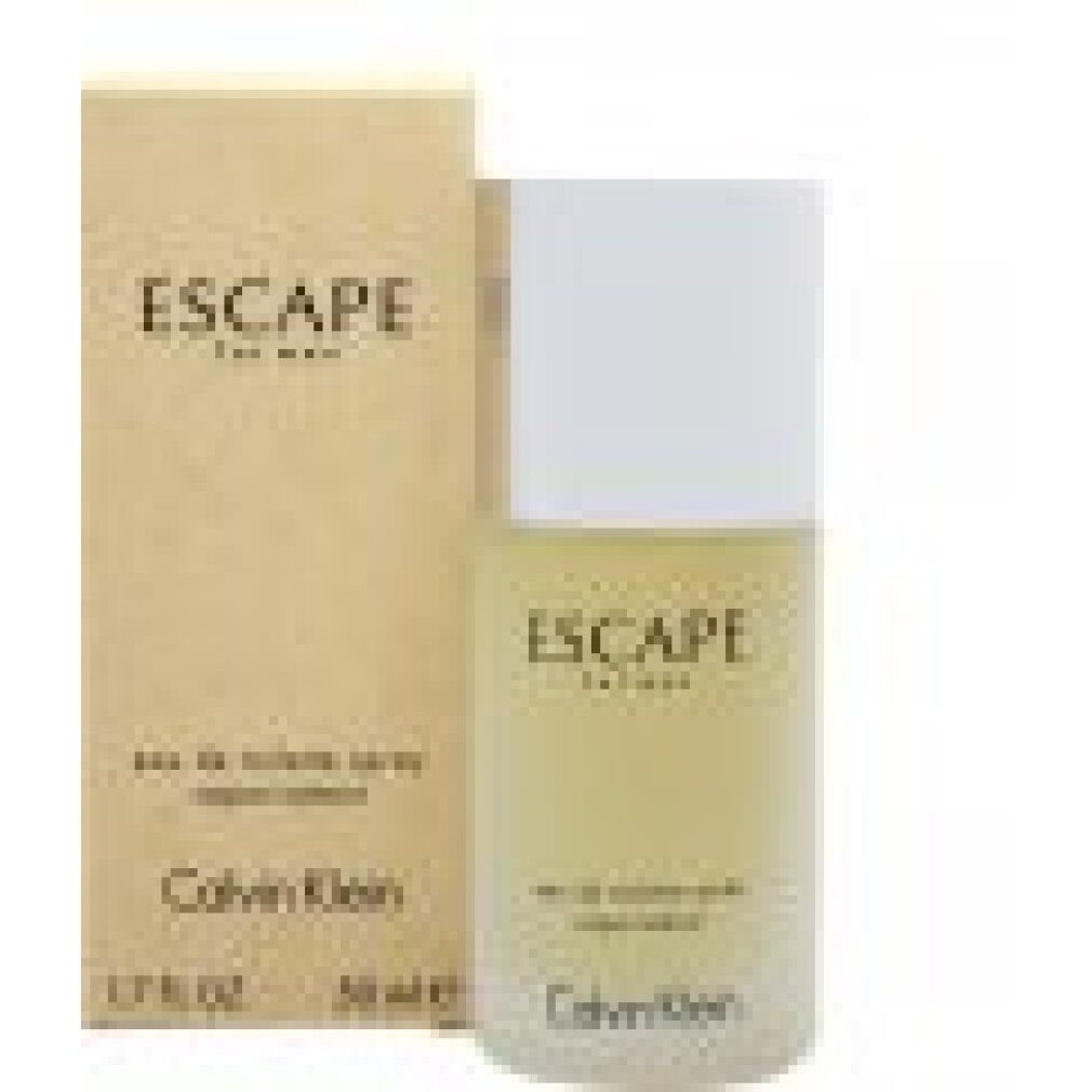 Calvin Klein Escape for men Flakon mit Verpackung. Silberner Deckel, Schriftzug Escape for men. Unter Calvin Klein. Gelbliche Flüssigkeit.
