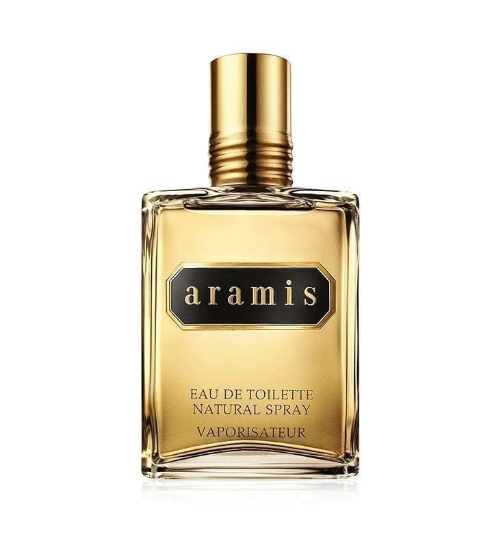 Aramis Classic Edt Spray. Rechteckiger Flakon mit goldfarbenem Deckel. Schwarzes Etikett mit goldener Schrift.