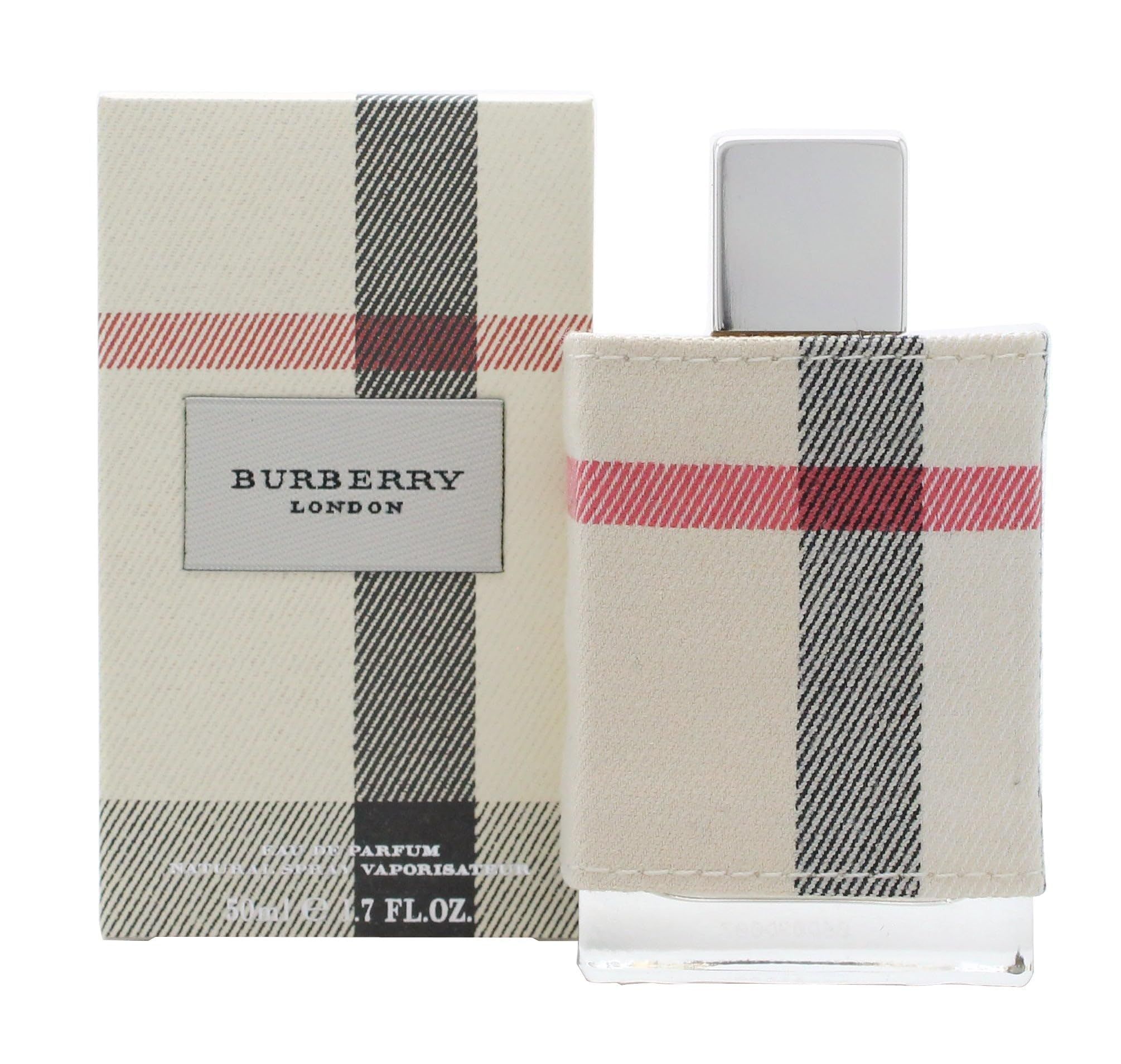 Burberry London-Parfümflakon und -Box. Flakon mit kariertem Stoff. Box mit Logo und Text. Beige, kariertes Muster. Rechteckige Form.