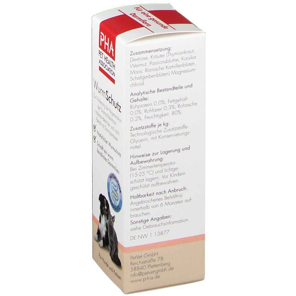 Karton mit Produktinformationen. Text: PHA Wurm Schutz, Inhaltsstoffe, analytische Bestandteile, Hinweise zur Lagerung.
