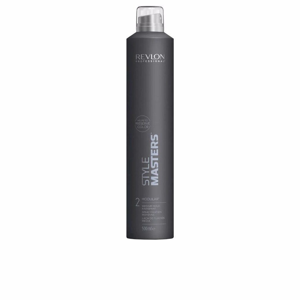 Graue Sprühflasche. Aufschrift: Revlon Professional, Style Masters, Modular, Medium Hold. Mit transparentem Sprühkopf.