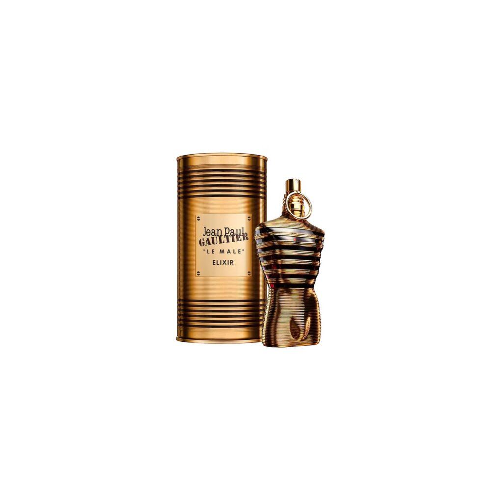 Goldfarbener Flakon in Torsoform und zylindrische Dose. Auf der Dose steht "Jean Paul Gaultier" und "Le Male Elixir".