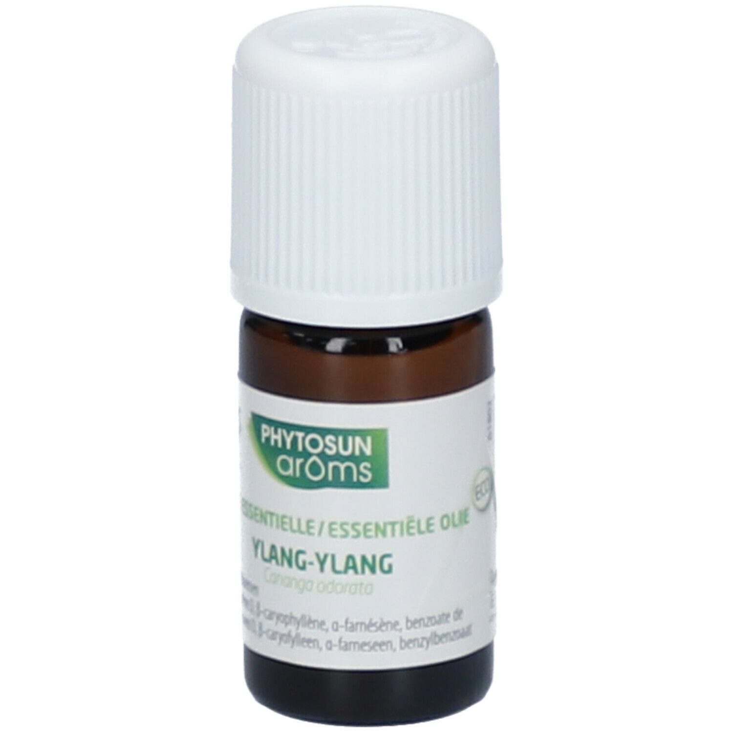 Flacon en verre brun avec bouchon blanc. Étiquette: Phytosun arôms, Essentiële Olie Ylang-Ylang.