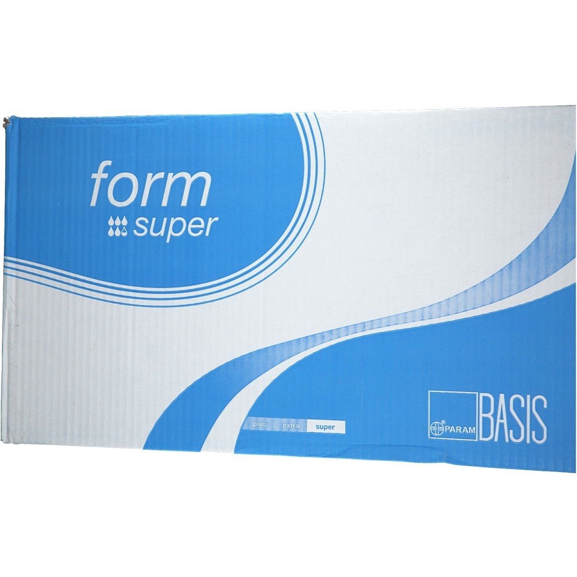 Kartonverpackung mit blauem Design. Aufschrift "form super". Logo "PARAM BASIS".
