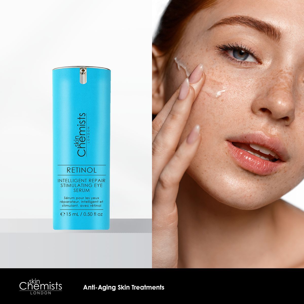 Blaues Augenserum neben einer Frau, die das Produkt anwendet. Text: Retinol Intelligent Repair Stimulating Eye Serum. Marke: skinChemists London.