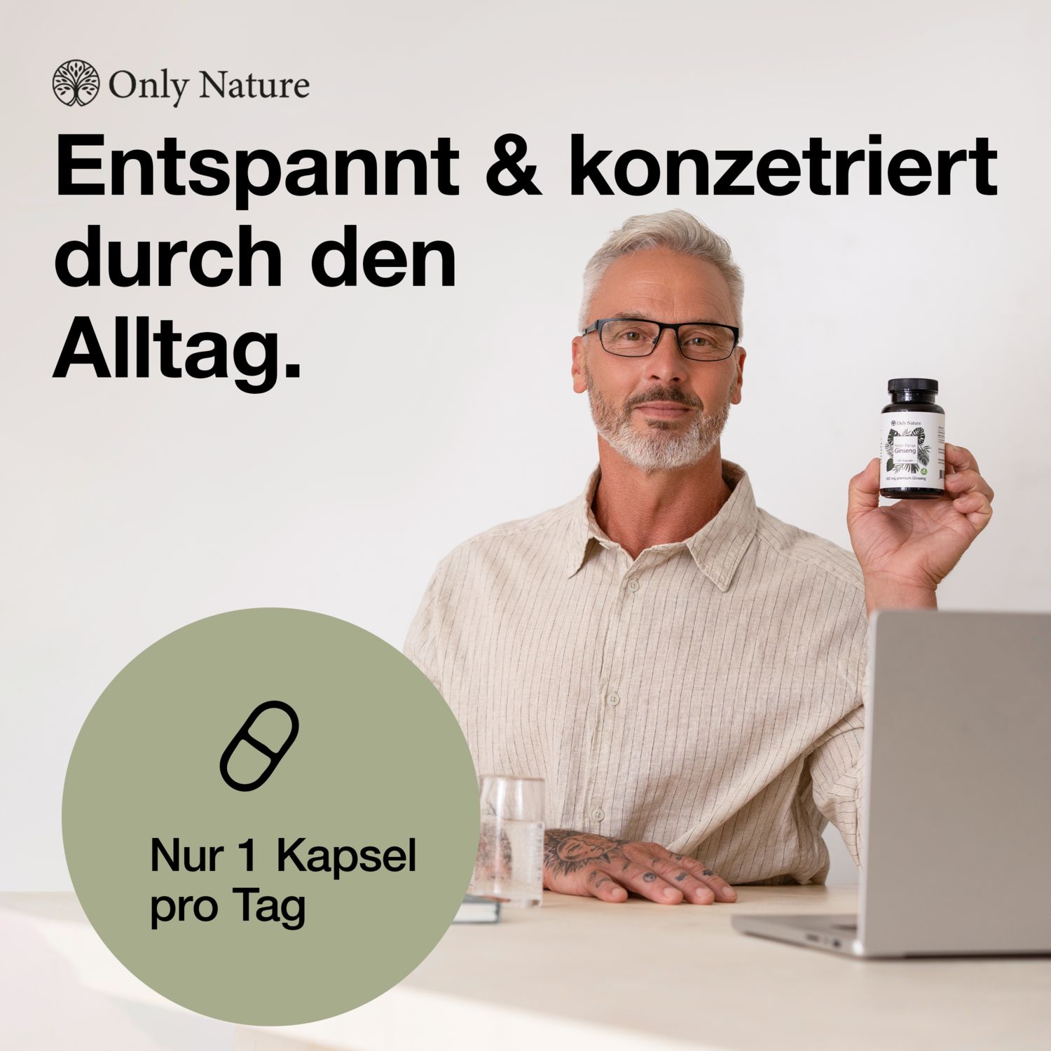 Mann hält Flasche. Text: Entspannt & konzentriert durch den Alltag. Text: Nur 1 Kapsel pro Tag. Flasche mit Safran Kapseln.