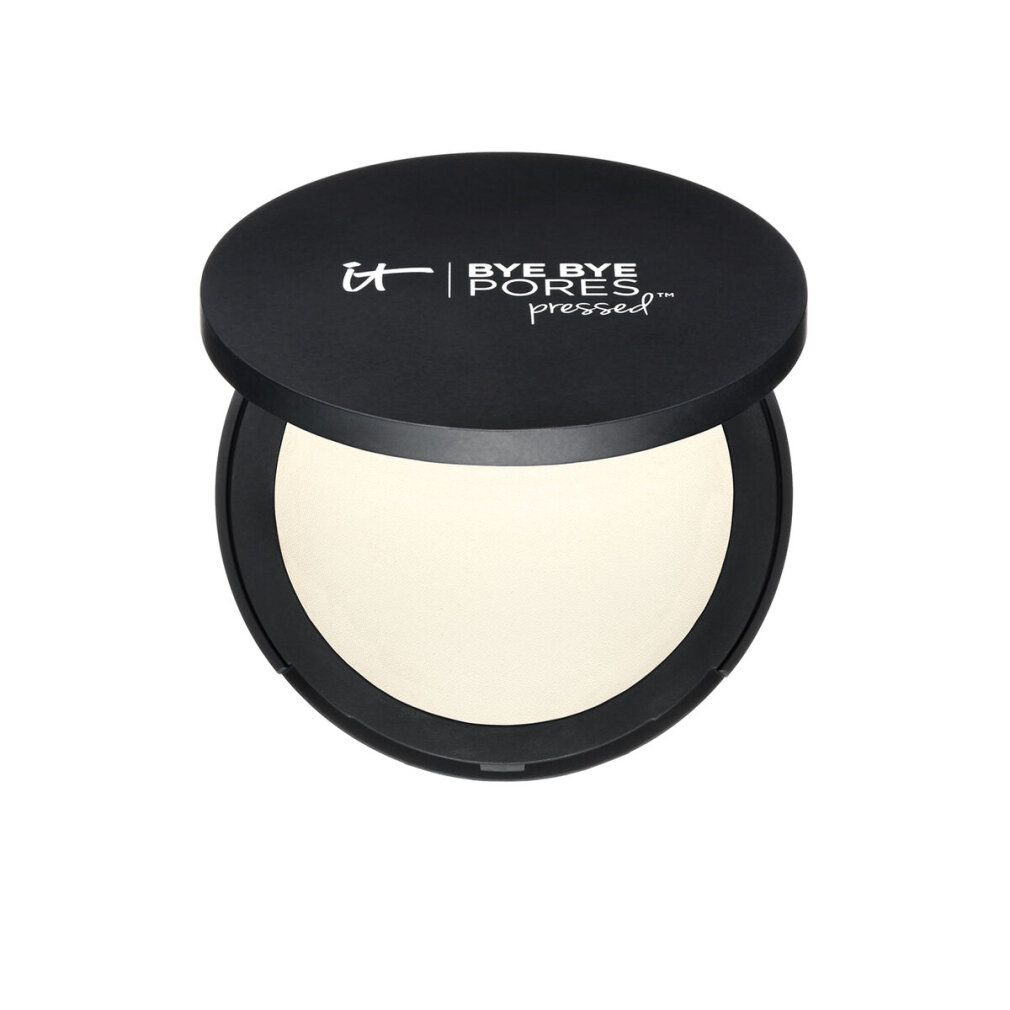 Runde, schwarze Puderdose mit Deckel. Auf dem Deckel steht "it BYE BYE PORES pressed". Die Dose ist geöffnet und zeigt helles Puder.