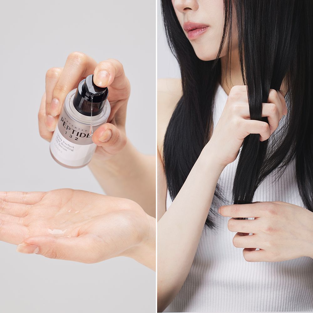 Hand mit COSRX Peptide 132 Serum, daneben eine Frau mit langen Haaren.