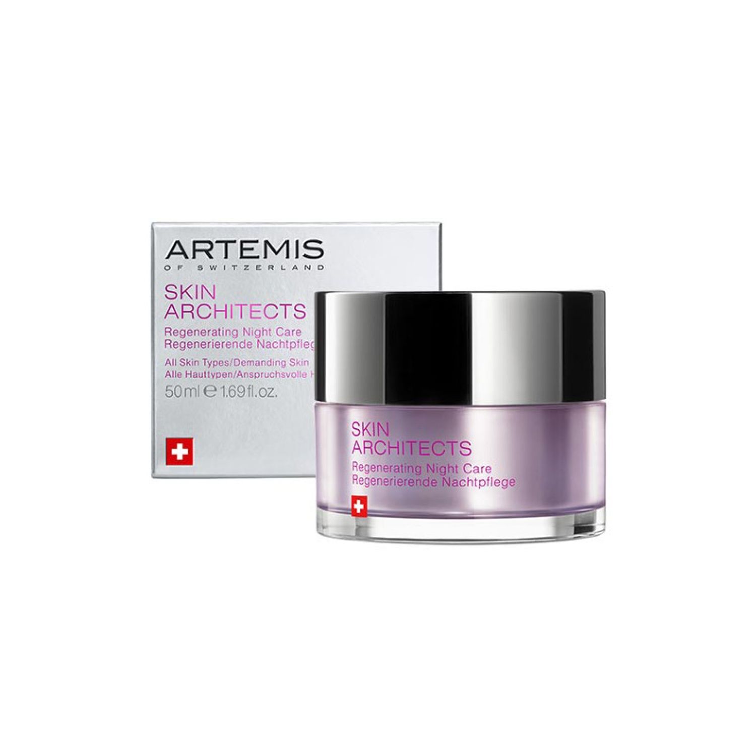 Creme-Tiegel und Verpackung. Aufschrift: ARTEMIS OF SWITZERLAND, SKIN ARCHITECTS Regenerating Night Care. Schweizer Kreuz.