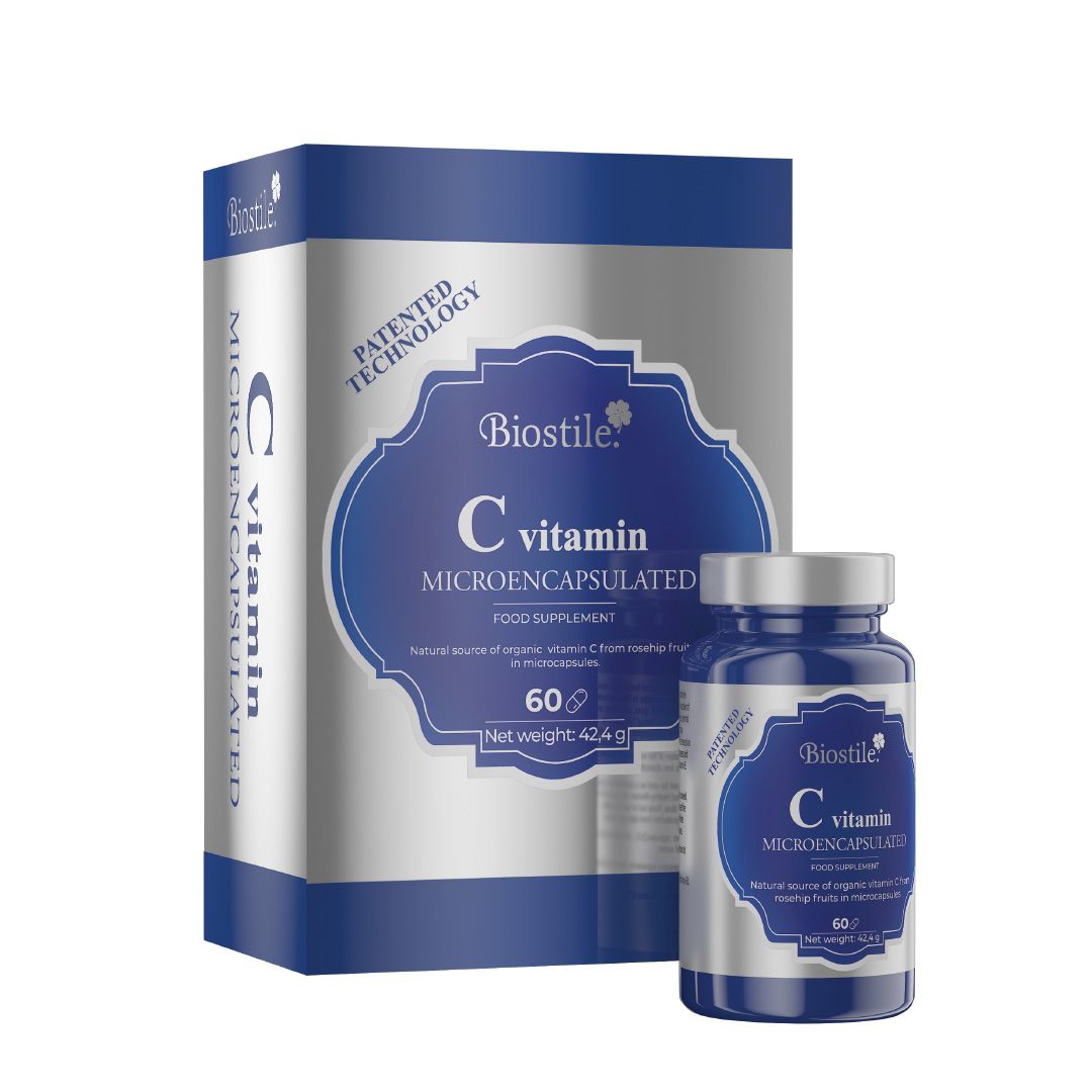 Blau-silberne Verpackung und Flasche mit "Biostile C vitamin Microencapsulated". 60 Kapseln. Patentierte Technologie.